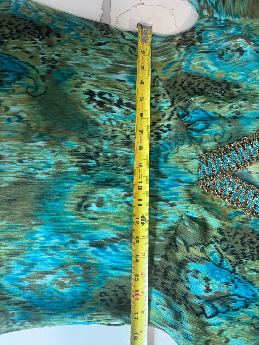 Embellished V-Neck Green Teal Printed Women’s Top peacock - Picture 3 of 7